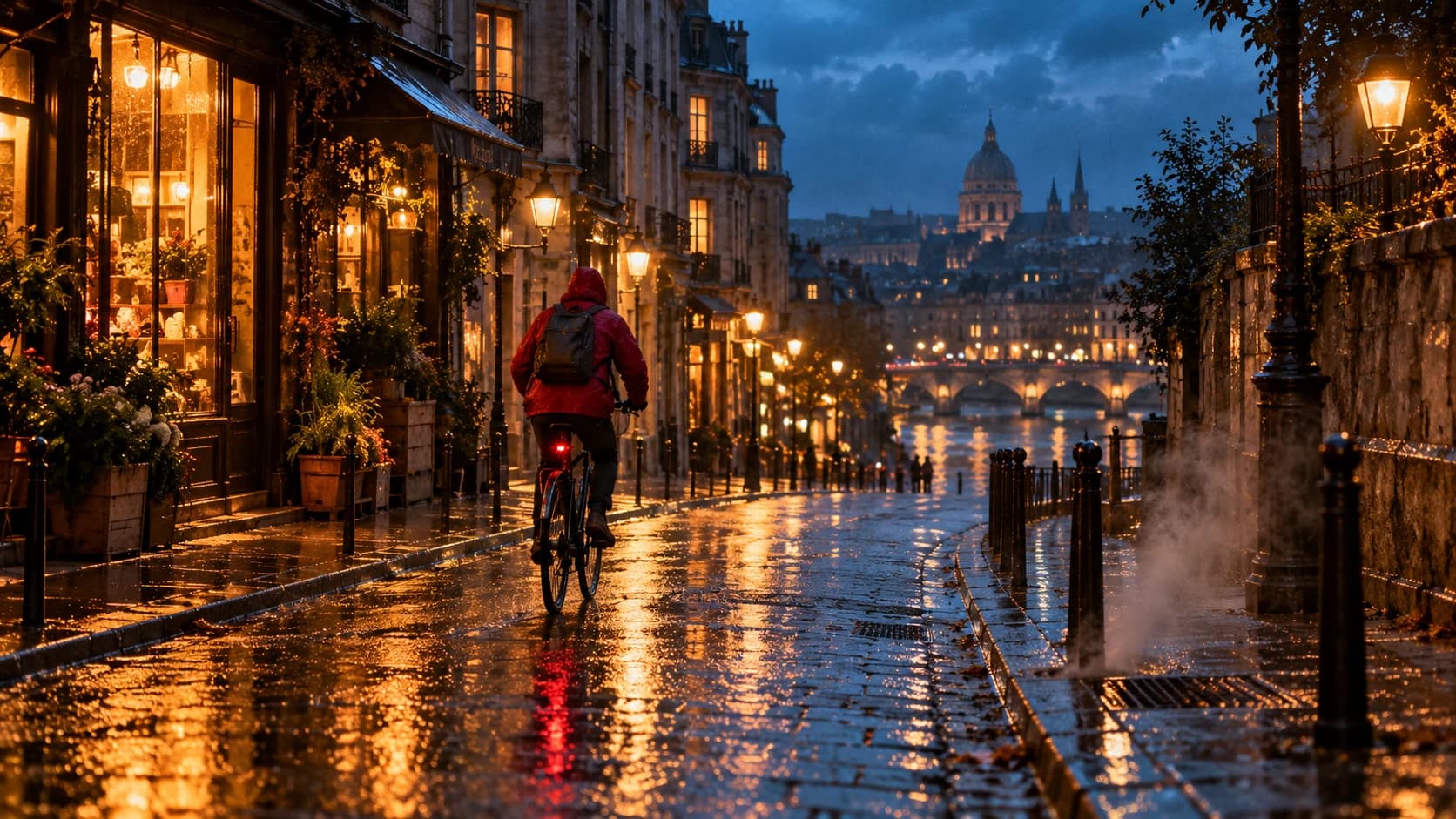 A red-jacketed cyclist on a rain-soaked street, illustrating a subject for a tracking-shot prompt A red-jacketed cyclist on a rain-soaked street, illustrating a subject for a tracking-shot prompt