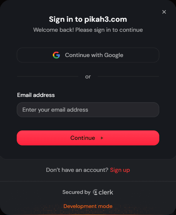 Current Pika H3 login window with Google, email address, password, and Sign up Current Pika H3 login window with Google, email address, password, and Sign up