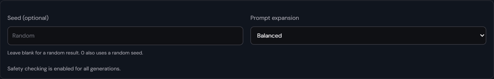 Advanced settings showing Seed and the Prompt expansion selector Advanced settings showing Seed and the Prompt expansion selector